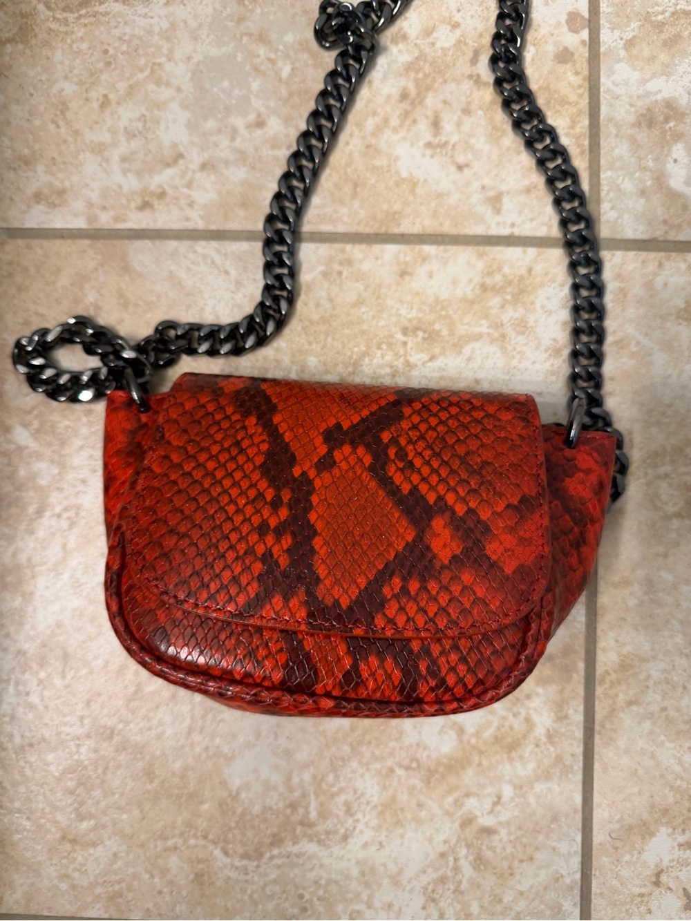 Red Snake-Print Crossbody Bag with Gunmetal Chain